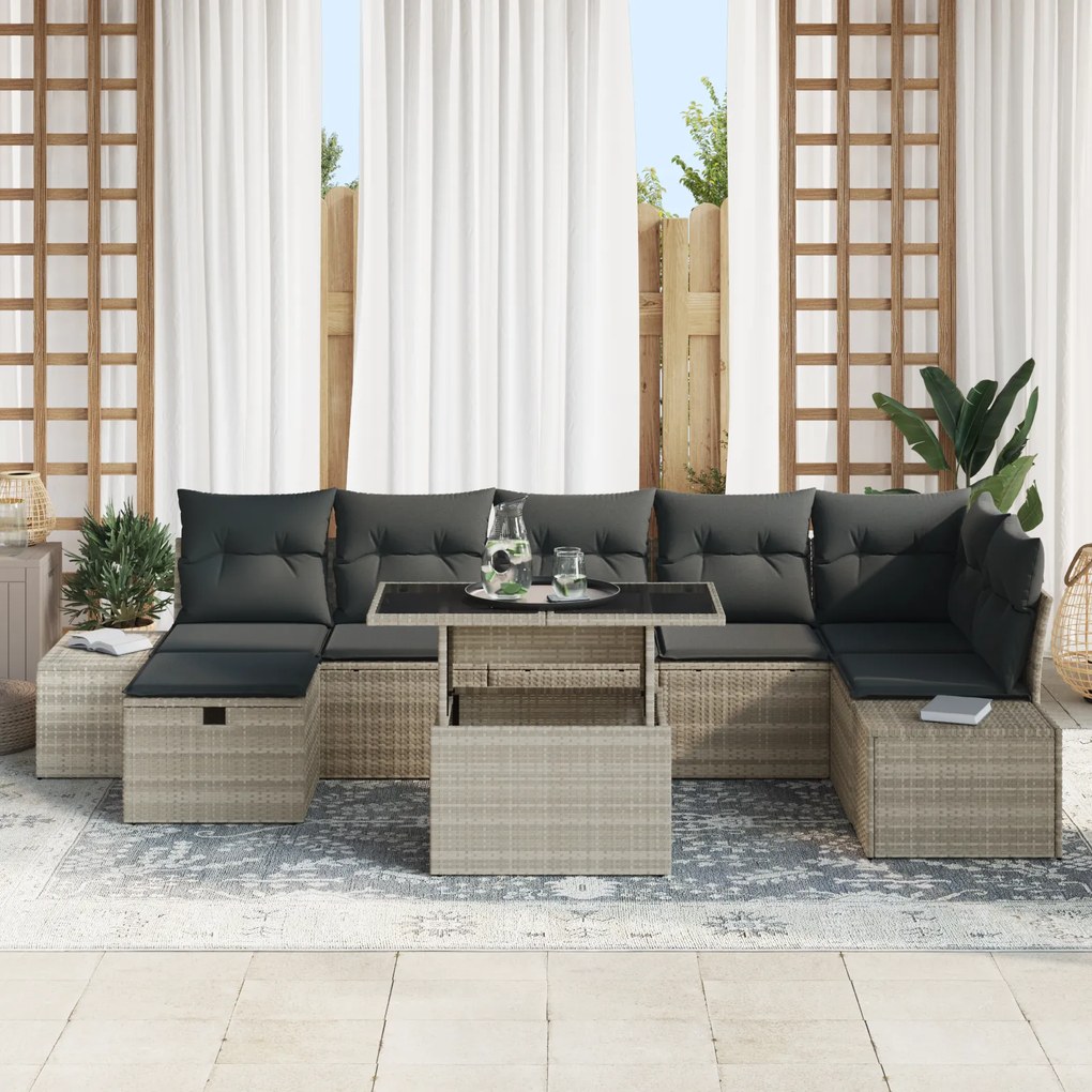 Conjunto de Sofás de Jardim de 8 Peças com Almofadas Cinza Vime Plásti