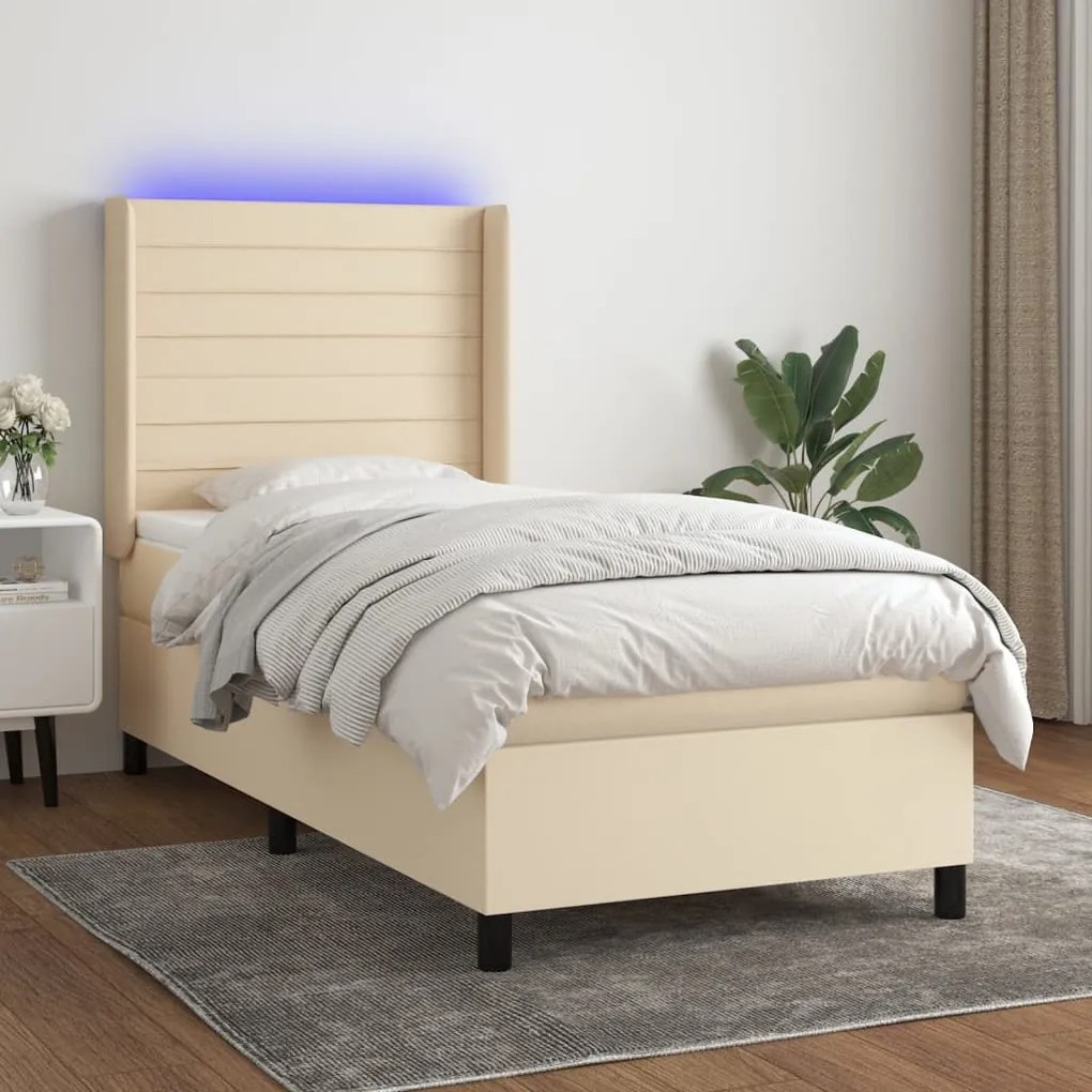 Cama box spring c/ colchão e LED 90x190 cm tecido cor creme