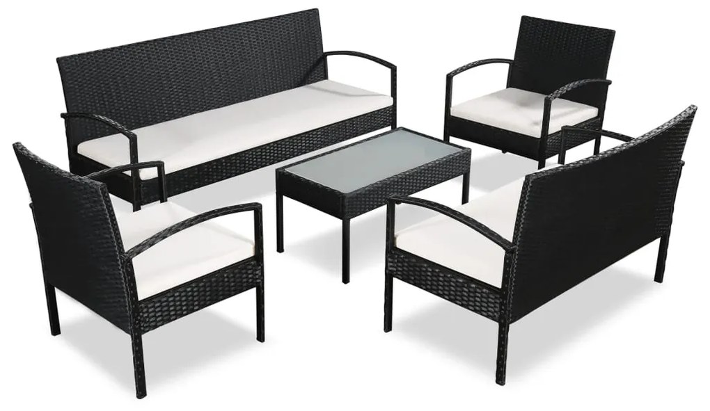 5 pcs conjunto lounge de jardim c/ almofadões vime PE preto