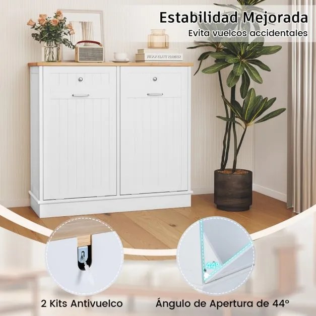 Armário para cozinha 100 x 33 x 90 cm com caixote do lixo oculto duplo rebatível, tampa de madeira e tábua de cortar e 2 gavetas estilo rústico Natura