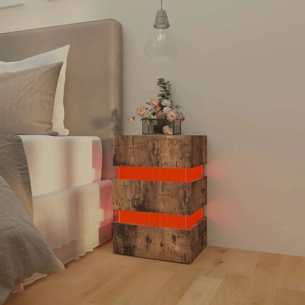 Mesa de cabeceira c/ LEDs derivados de madeira carvalho fumado