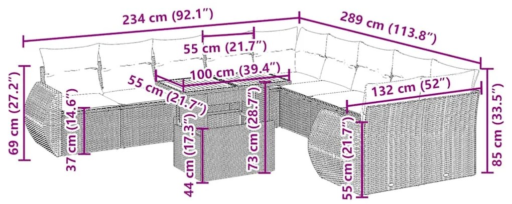 11 pcs conjunto sofás de jardim c/ almofadões vime PE bege