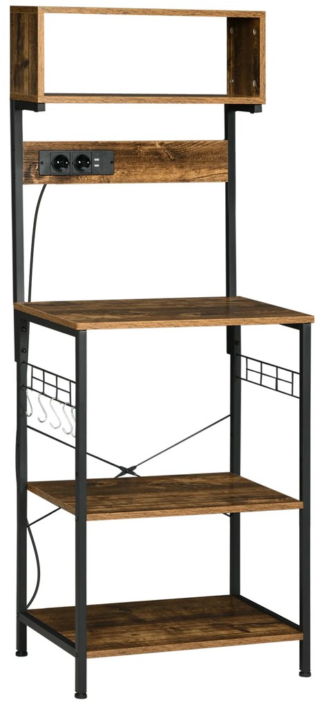 HOMCOM Estante de Cozinha Móvel Auxiliar de Cozinha com Ficha 2 Carregadores USB Ganchos e Prateleira Ajustável 60x42x153 cm Marrom Rústico