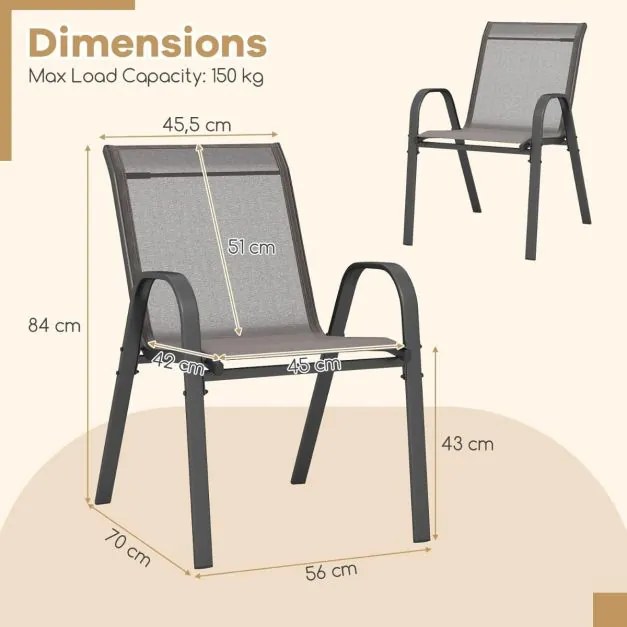 Conjunto de 4 cadeiras de jardim empilháveis (MESA NÃO INCLUIDA) com apoios de braços, encostos em metal e tecido, 56 x 70 x 84 cm Cinzento