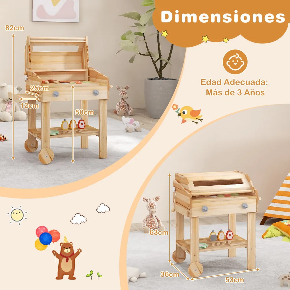 Churrasqueira de madeira para crianças 53 x 36 x 63 cm para fingir cozinhar alimentos com acessórios para churrasco Natural