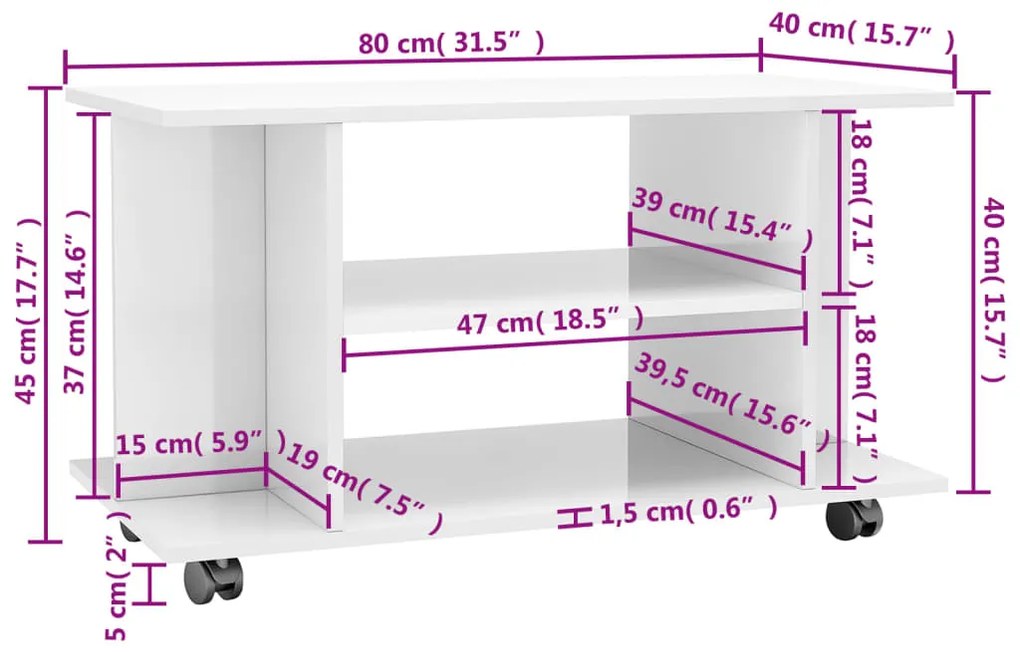 Móvel de TV com rodas 80x40x40cm contraplacado branco brilhante