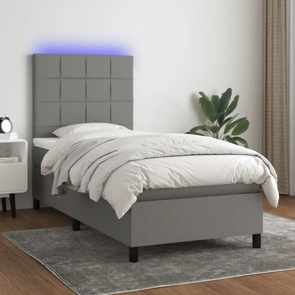 Cama box spring c/ colchão e LED 90x200 cm tecido cinza-escuro