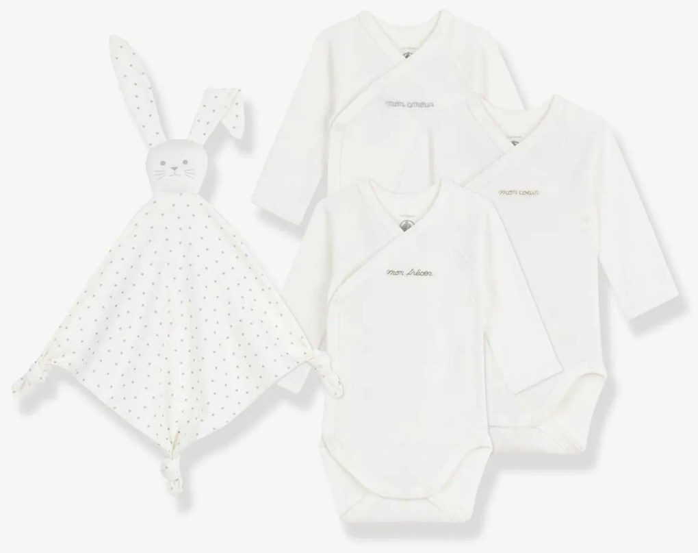 Conjunto de 3 bodies em algodão bordado e peluche coelho PETIT BATEAU, para recém-nascido cru