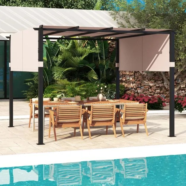 Pérgola com teto plano 305 x 305 cm retrátil Exterior Piscina Alpendre Jardim Bege