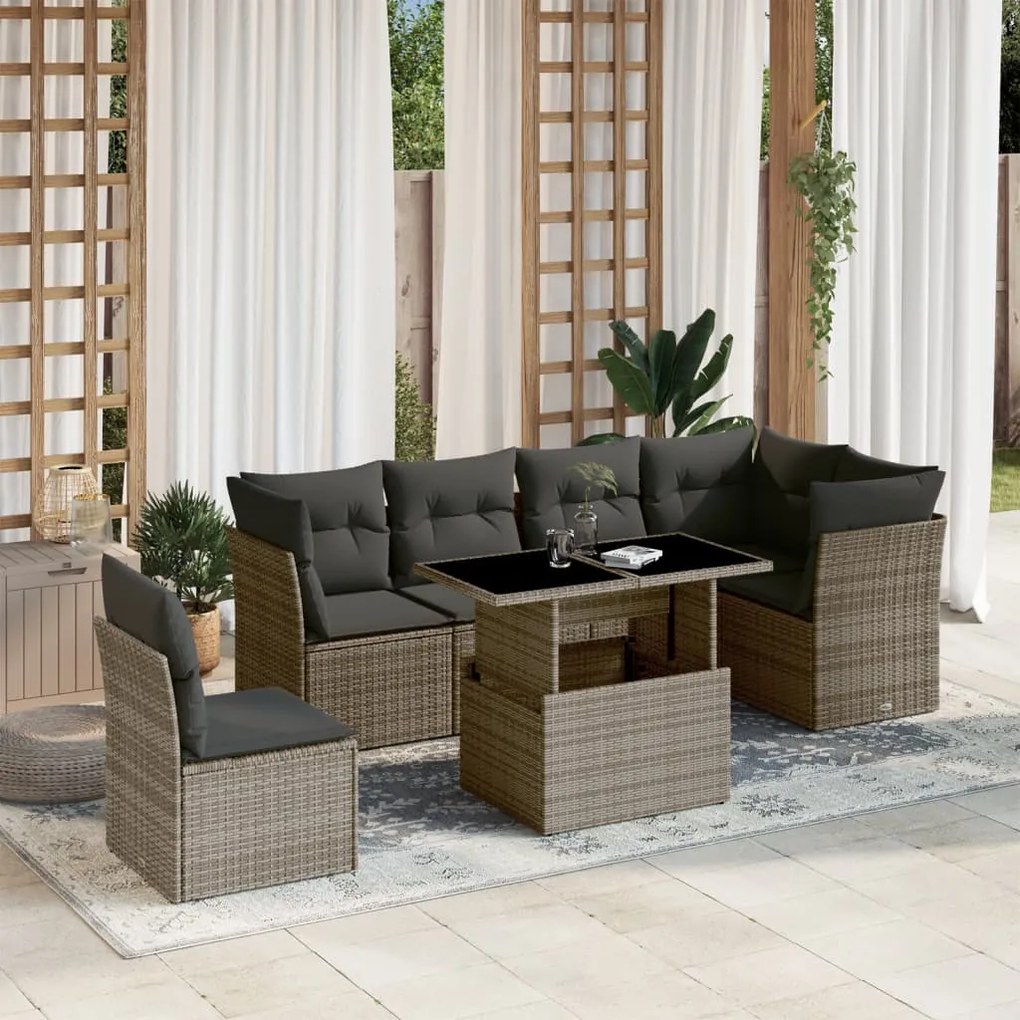 vidaXL 7 pcs conjunto sofás p/ jardim c/ almofadões vime PE cinzento
