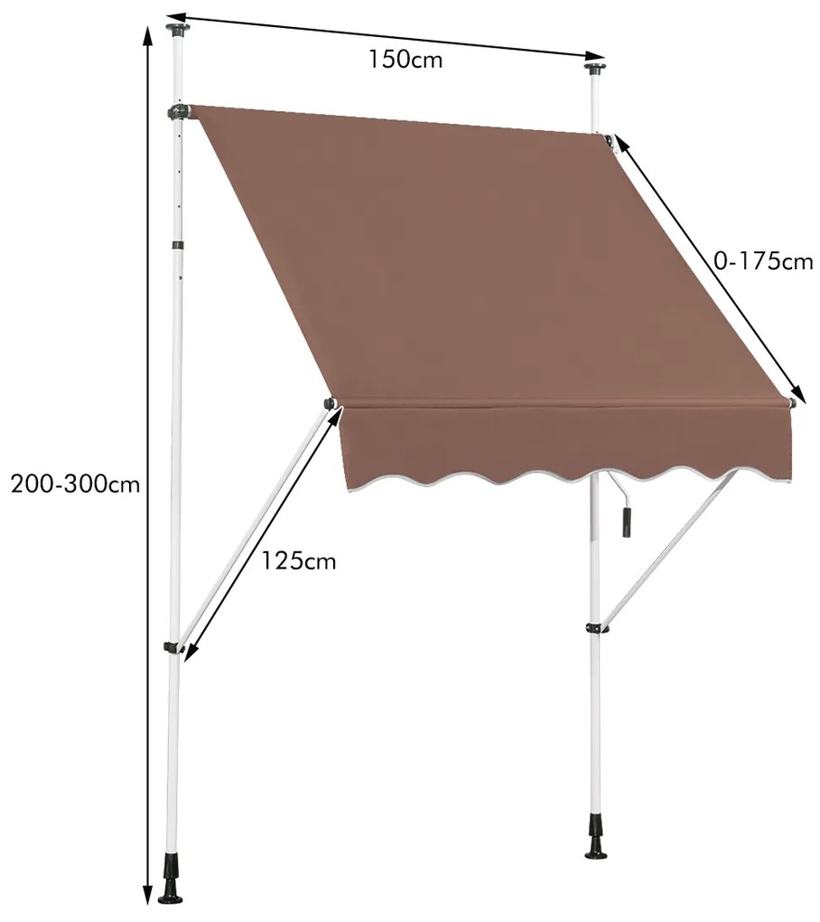 Toldo Telescópico e Retrátil 150 cm Resistente aos Raios UV Impermeável com Manivela Altura Regulável para Janela Varanda Jardim Castanho