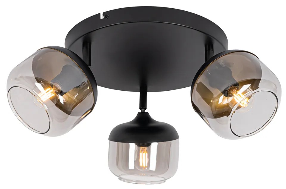 Candeeiro de teto design preto com dourado e vidro fumê 3-luzes redondo - Kyan Design