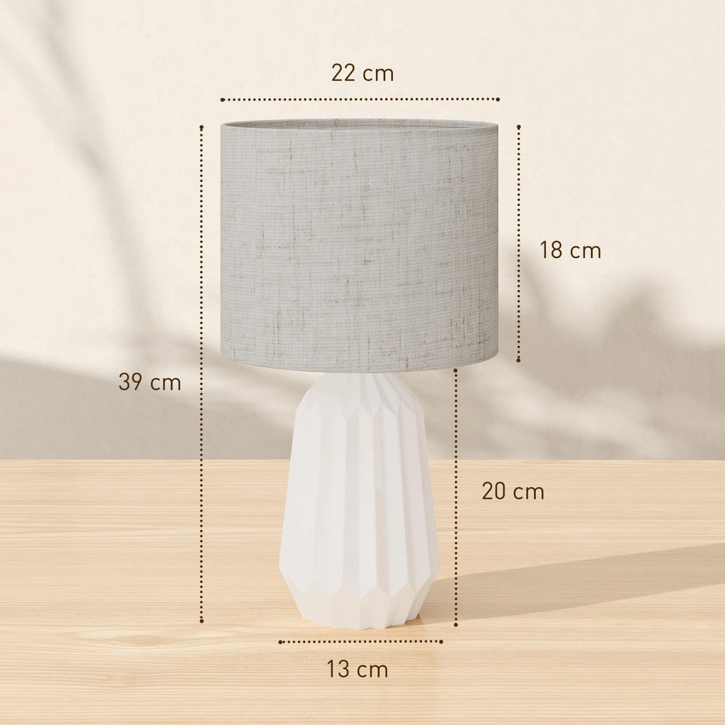 Candeeiro de Mesa com Base de Cerâmica e Ecrã de Linho Estilo Retro com Interruptor E27 40W Ø22x39 cm Branco e Bege