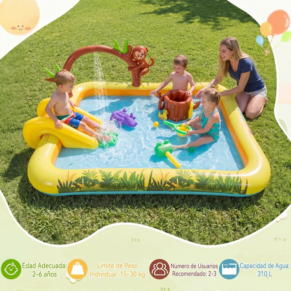 Piscina insuflável infantil 207 x 168 x 77 cm com escorrega e jato de água em forma de arco com animais, centro de jogos aquáticos para exterior Multi