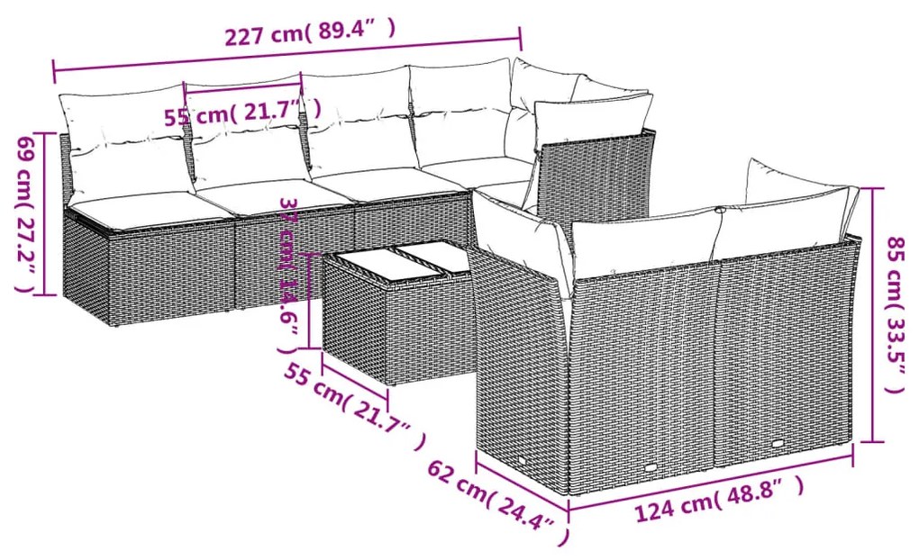 8 pcs conjunto sofás de jardim c/ almofadões vime PE castanho