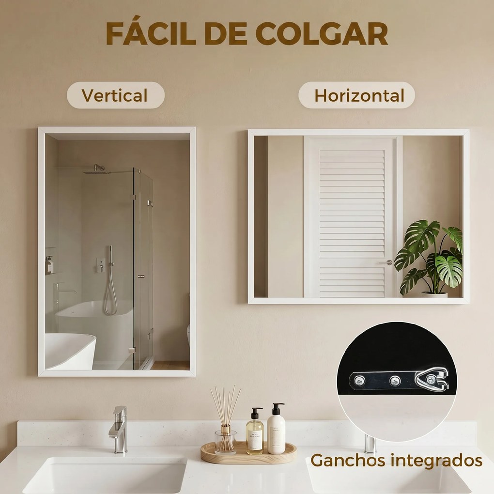Espelho de Parede Decorativo 50x70 cm Espelho Retangular Espelho de Sala com 4 Ganchos Metálicos Estilo Moderno Branco