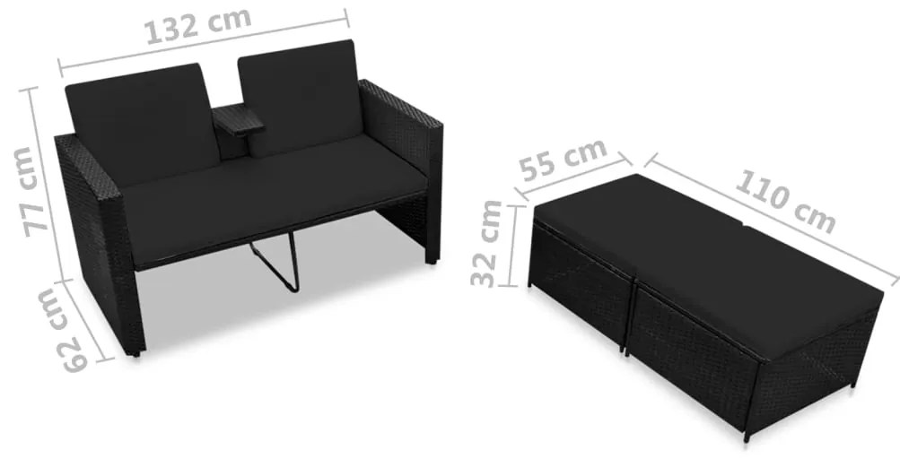3 pcs conjunto lounge para jardim c/ almofadões vime PE preto