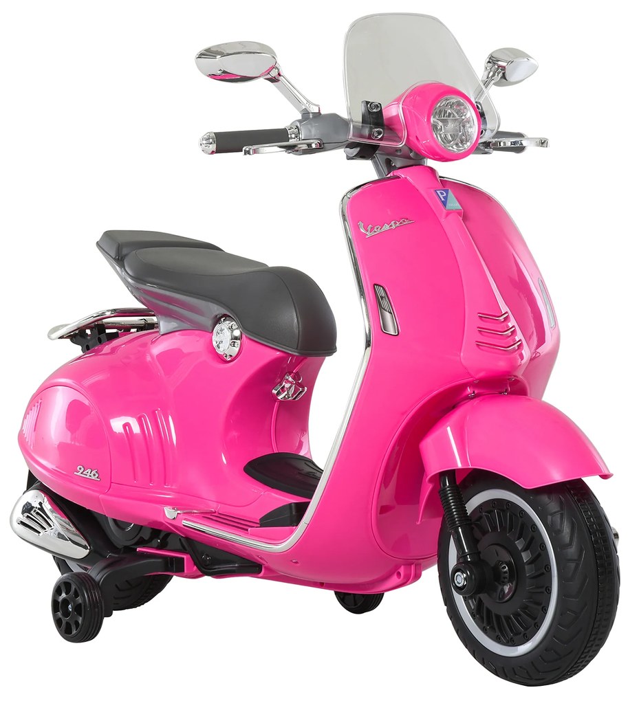 HOMCOM Mota Elétrica Vespa com Faróis Música 2 Rodas Auxiliares para Crianças acima de 3 Anos 108x49x75 cm Rosa