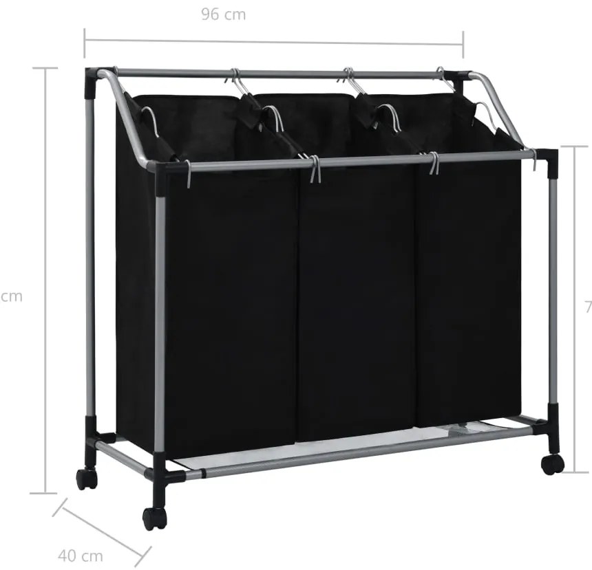 Separador de roupa suja com 3 sacos aço preto