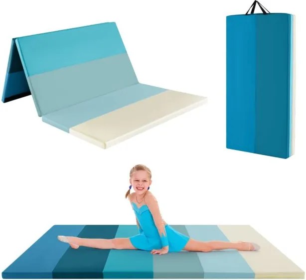 Tapete dobrável para ginástica portátil 183 cm, tripla dobragem com capa de pele sintética e acolchoamento de espuma EPE com alça Azul