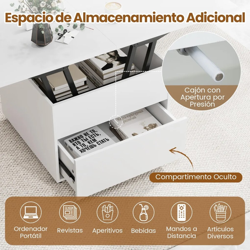 Mesa de Centro Elevável e Dobrável, 60 x 60 x 50 cm, Arrumação Oculta, Branco