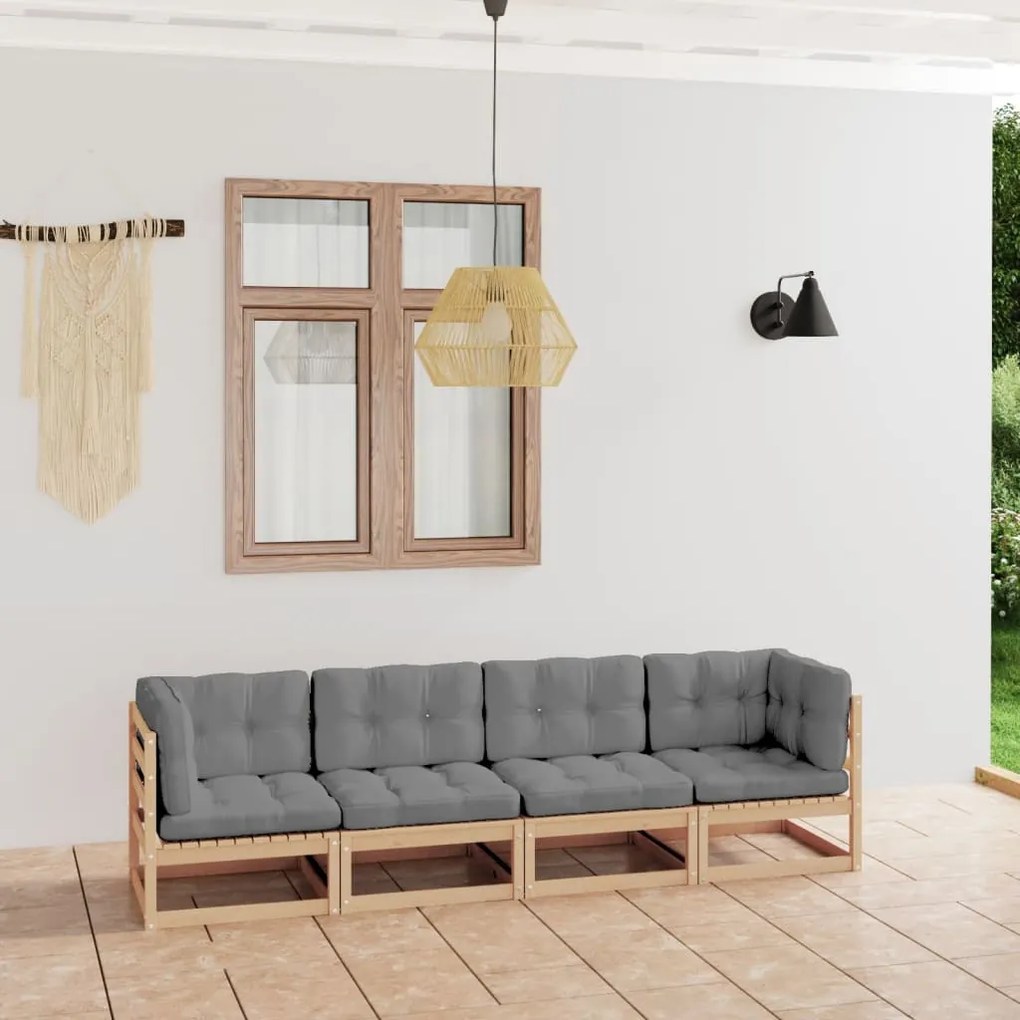 vidaXL Sofá de jardim 4 lugares com almofadões pinho maciço