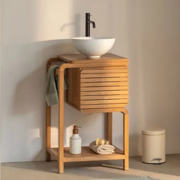 Conjunto De Móvel De Casa De Banho Em Madeira De Teca Bradley Cerâmica Branca Redonda Ø30 Cm Calgari & Sem Espelho & Preto - Sklum