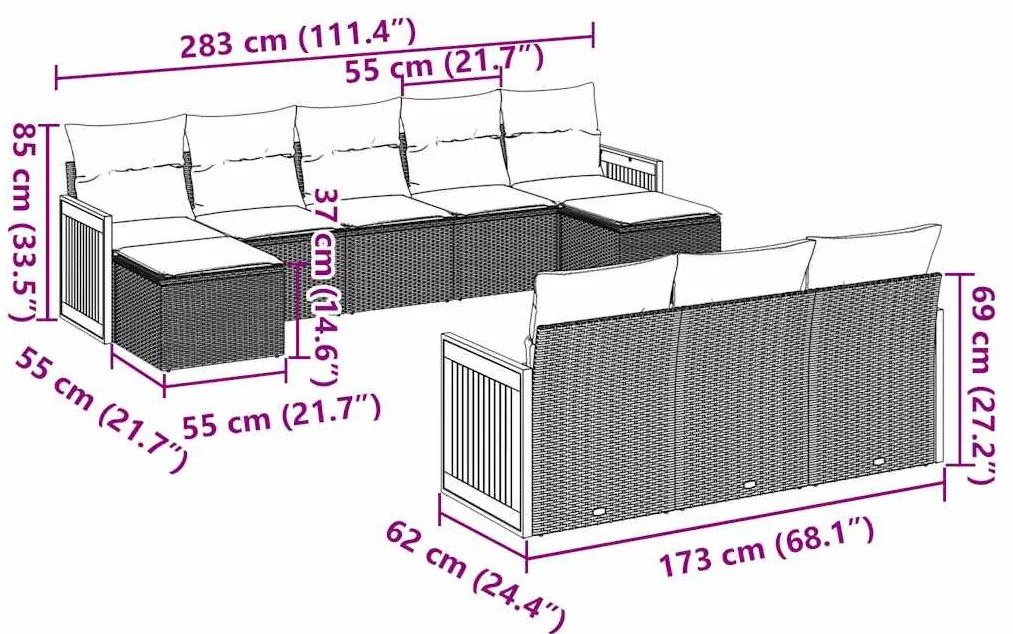 10 pcs conjunto sofás de jardim c/ almofadões vime PE preto