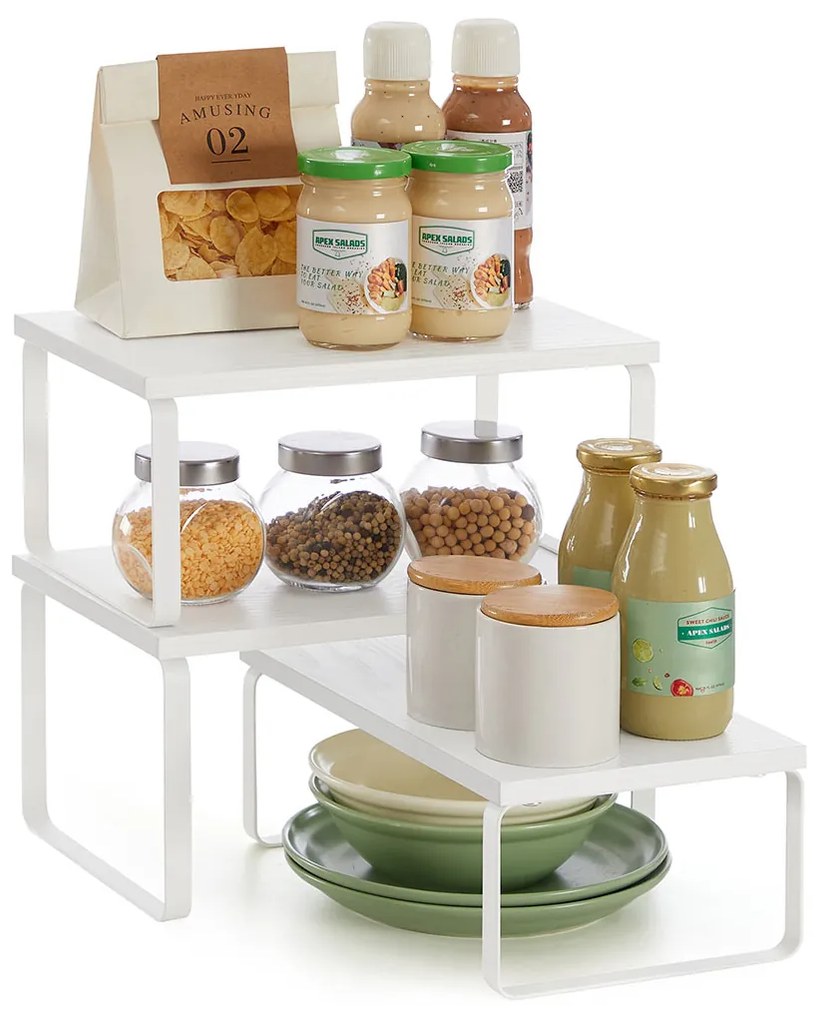 Conjunto de 3 prateleiras cozinha para especiarias empilháveis e expansíveis, branco