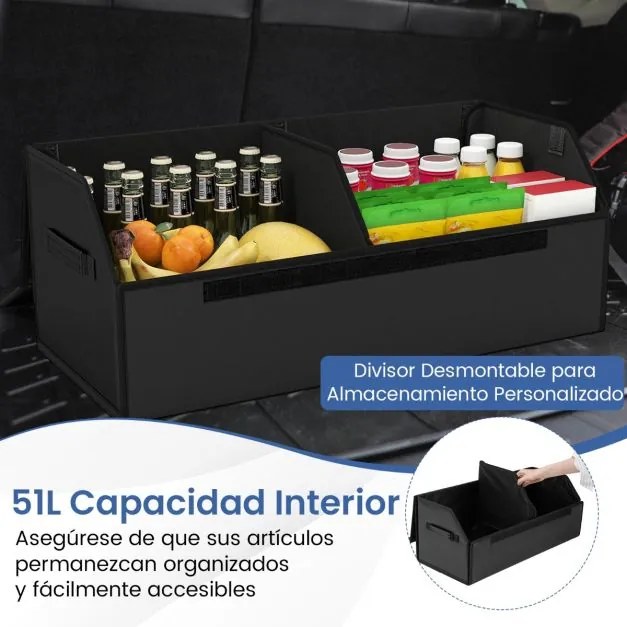 Organizador dobrável para porta-malas Carro 51L com tampa lisa em couro 30 x 69 x 27,5 cm e divisória ajustável Grande capacidade Preto
