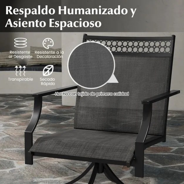 Conjunto de 2 cadeiras giratórias para jardim com braços em metal para exterior em tecido para jardim exterior piscina cinzento