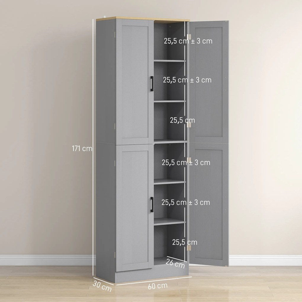 Armário de Cozinha com 4 Portas e Prateleiras Ajustáveis Anti-Tombo 60x30x171 cm Cinzento