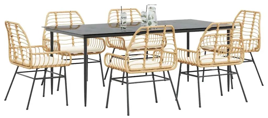vidaXL Conjunto jantar jardim 7 peças almofadas vidro vime PE castanho