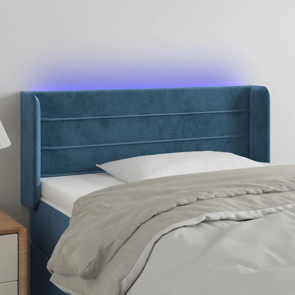 Cabeceira de cama c/ luzes LED veludo 83x16x78/88cm azul-escuro