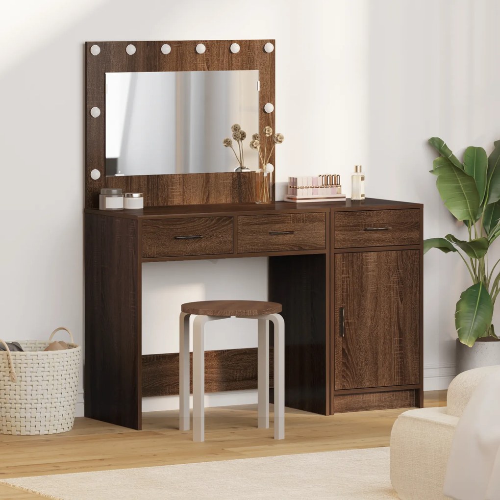 Conjunto de Mesa de Maquiagem de 2 Peças com LED em Madeira de Carvalho Preto
