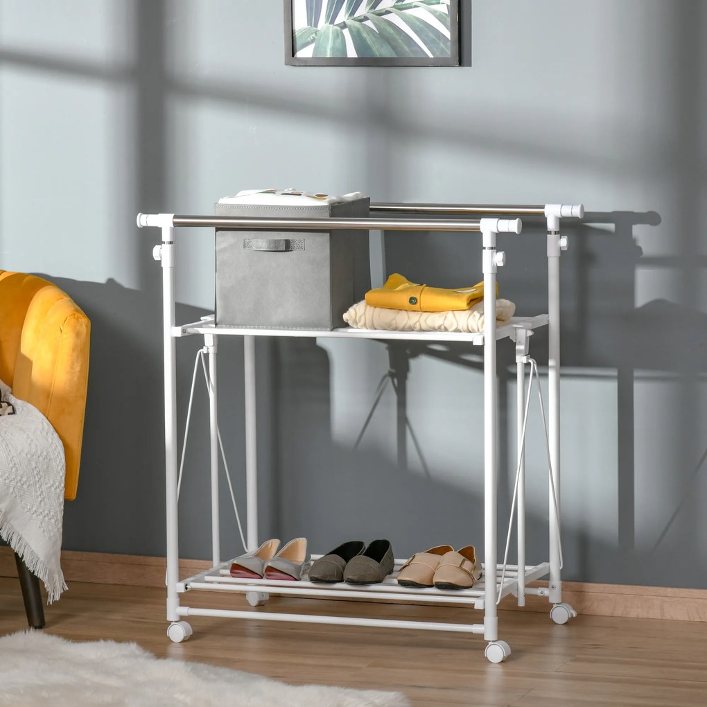 Cabideiro Dobrável para Roupa com Rodas Barras para Pendurar Extensíveis Altura Ajustável e 2 Prateleiras 88-157x50x95-160cm Branco