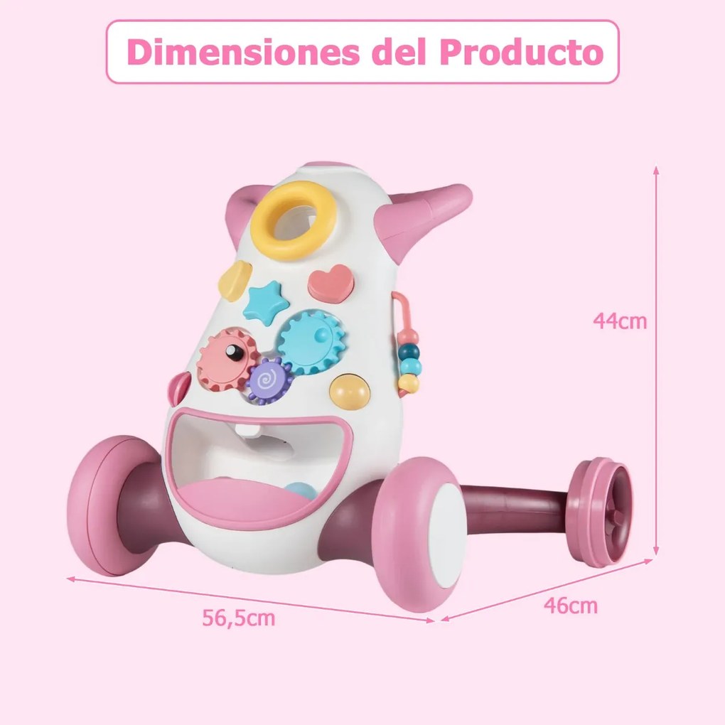 Andador Montessori para Bebés com Música Luzes Classificador Formas Engrenagens Giratórias Rosa