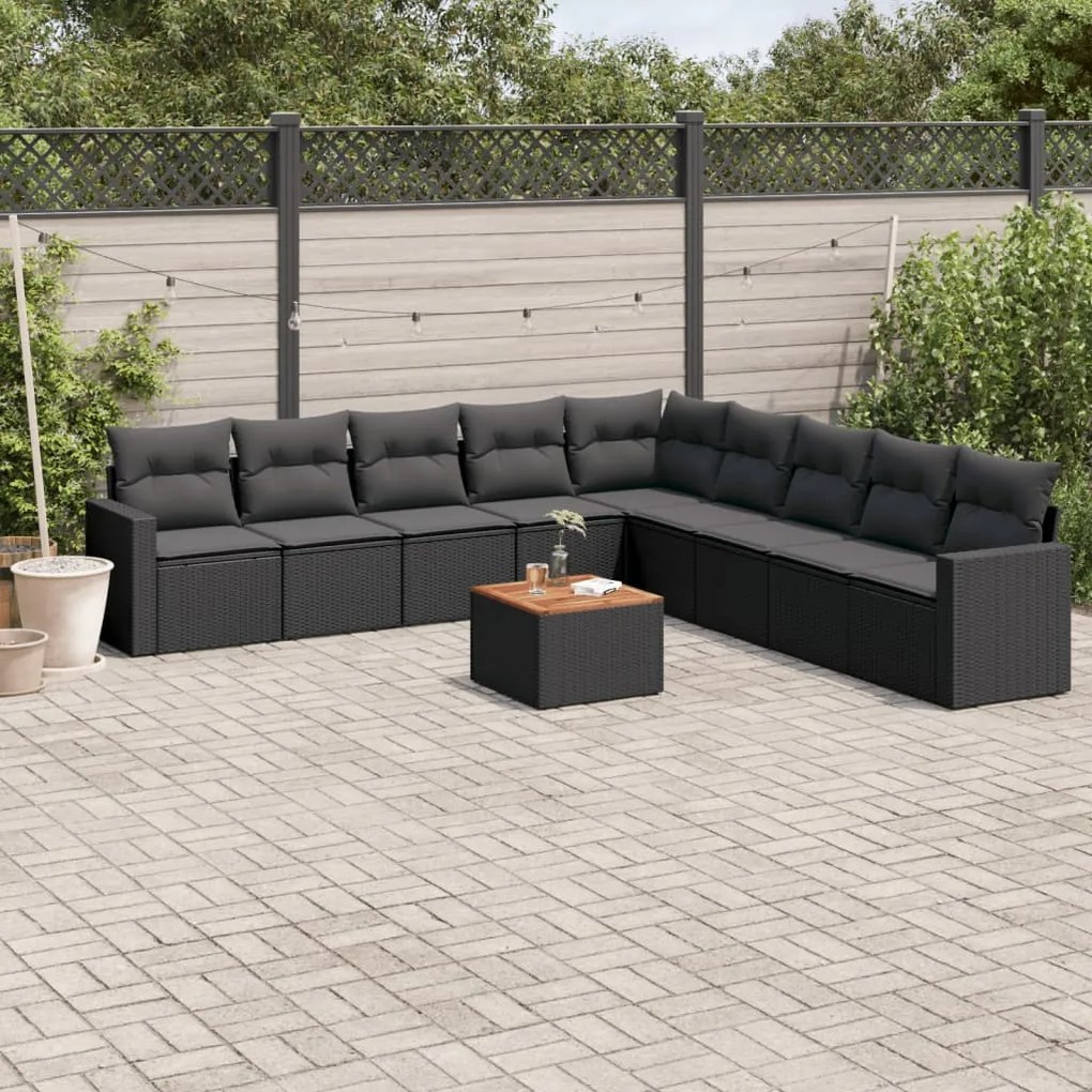 10 pcs conjunto sofás de jardim c/ almofadões vime PE preto
