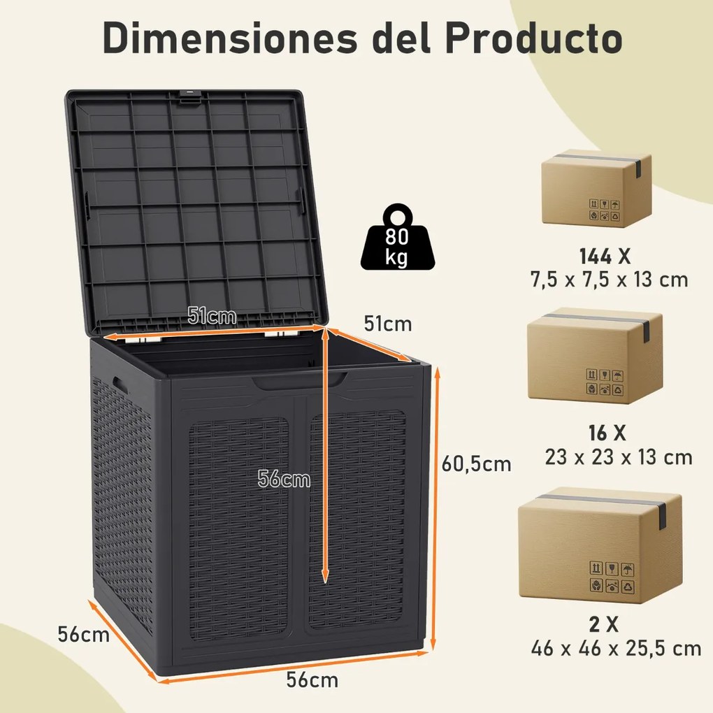 Caixa de armazenamento exterior de 145 L 56 x 56 x 60,5 cm Recipiente de PP com padrão de rattan e tampa com fechadura castanho