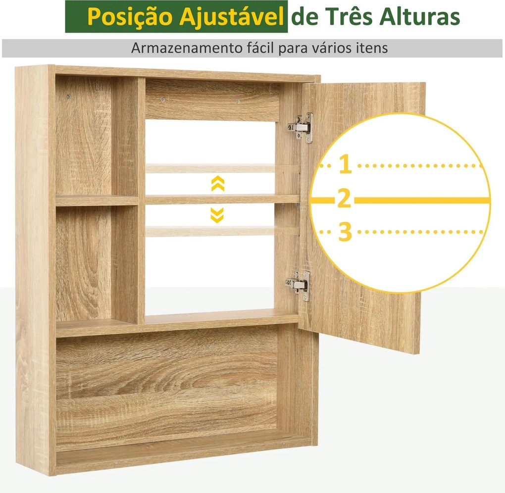 Armário para banheiro de madeira montado na parede com espelho, porta de vidro e prateleira aberta ajustável 60x 15x 76cm em grão de carvalho