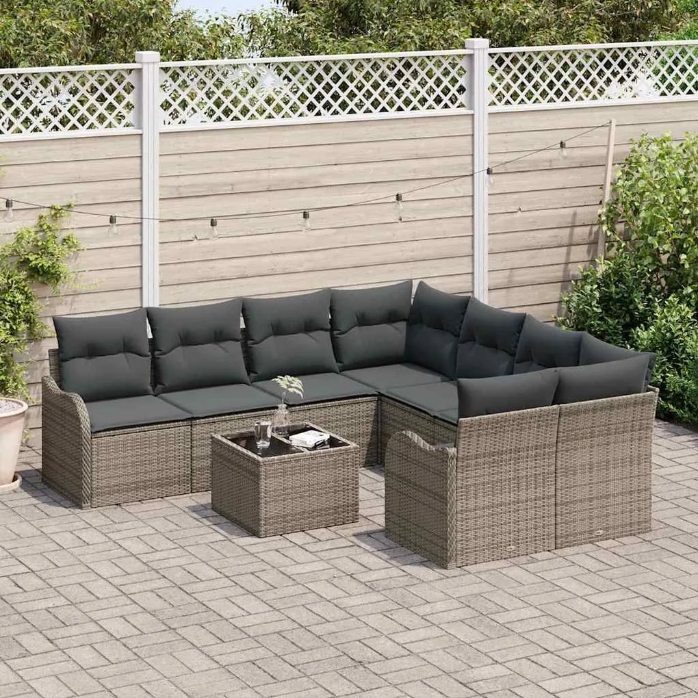 Conjunto de sofá de jardim de 9 peças com almofadas cinzas em rattan p