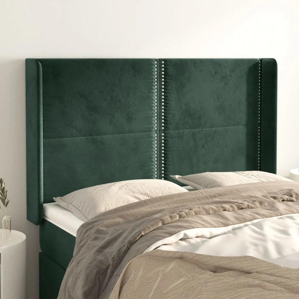 Cabeceira cama c/ abas veludo 147x16x118/128 cm verde-escuro