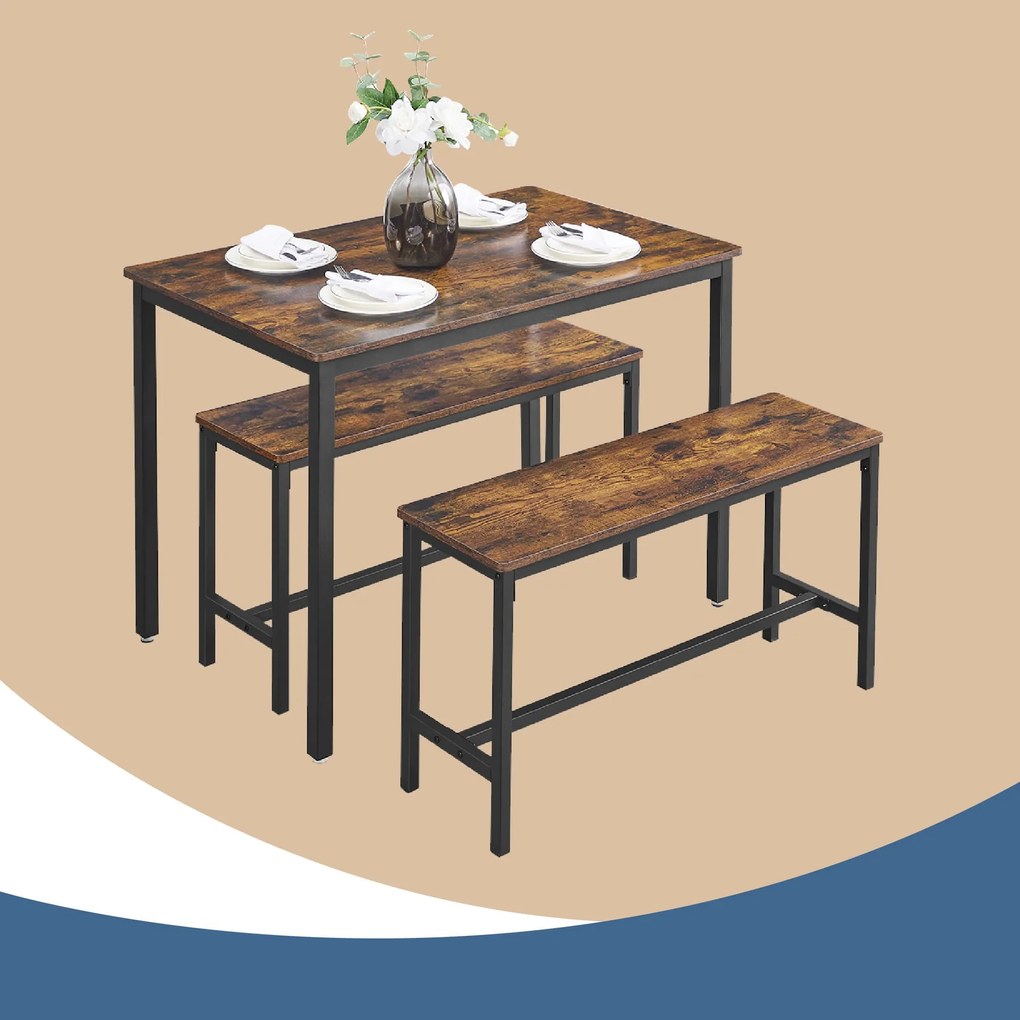 Conjunto de mesa de cozinha alta com 2 bancos corridos castanho Vintage -preto