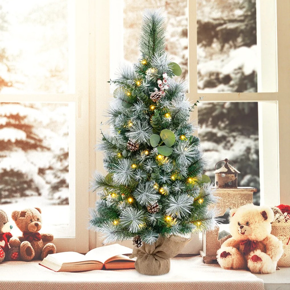 Árvore de Natal artificial pré-iluminada de 90 cm com 98 pontas de PVC com neve e agulhas de pinheiro Bagas 30 luzes LED Verde