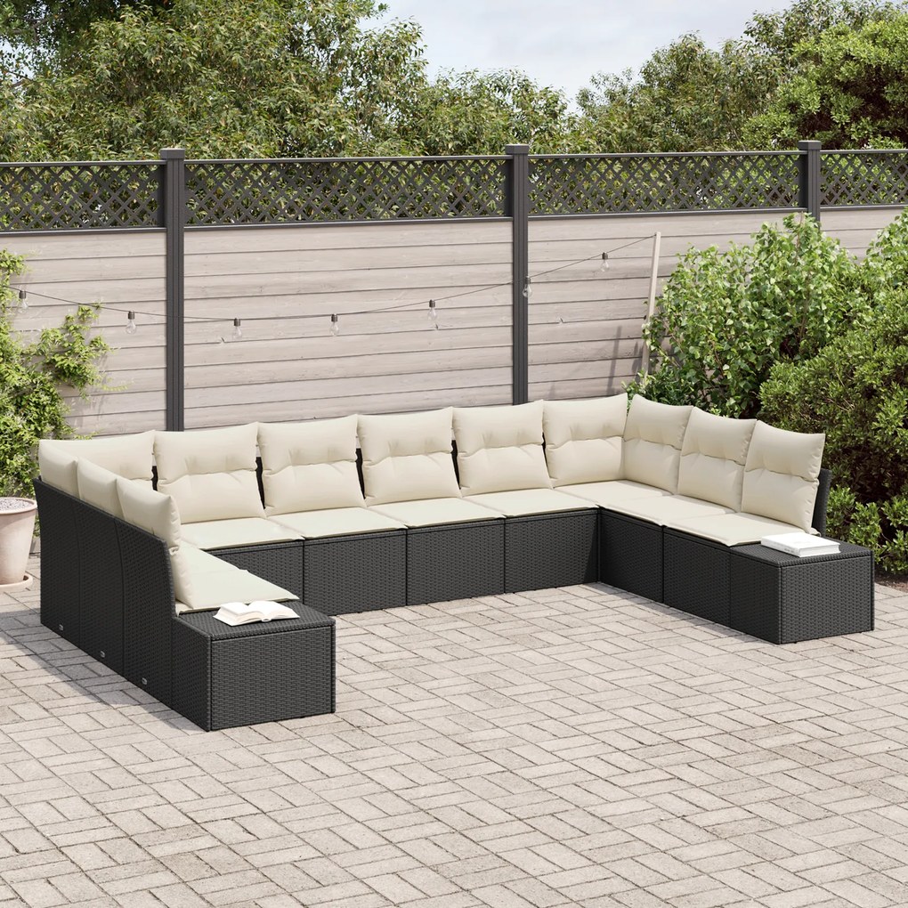 Conjunto de Sofá de Jardim de 10 peças com Almofadas Preto de Rattan P