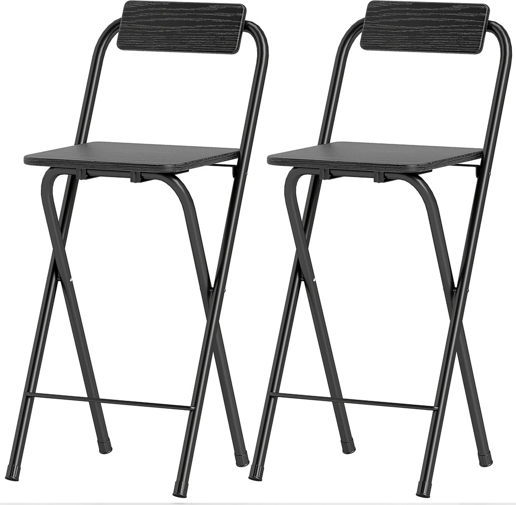 Conjunto de 2 bancos de bar dobráveis com encosto e apoio para os pés, estrutura em aço, 87 cm de altura, preto