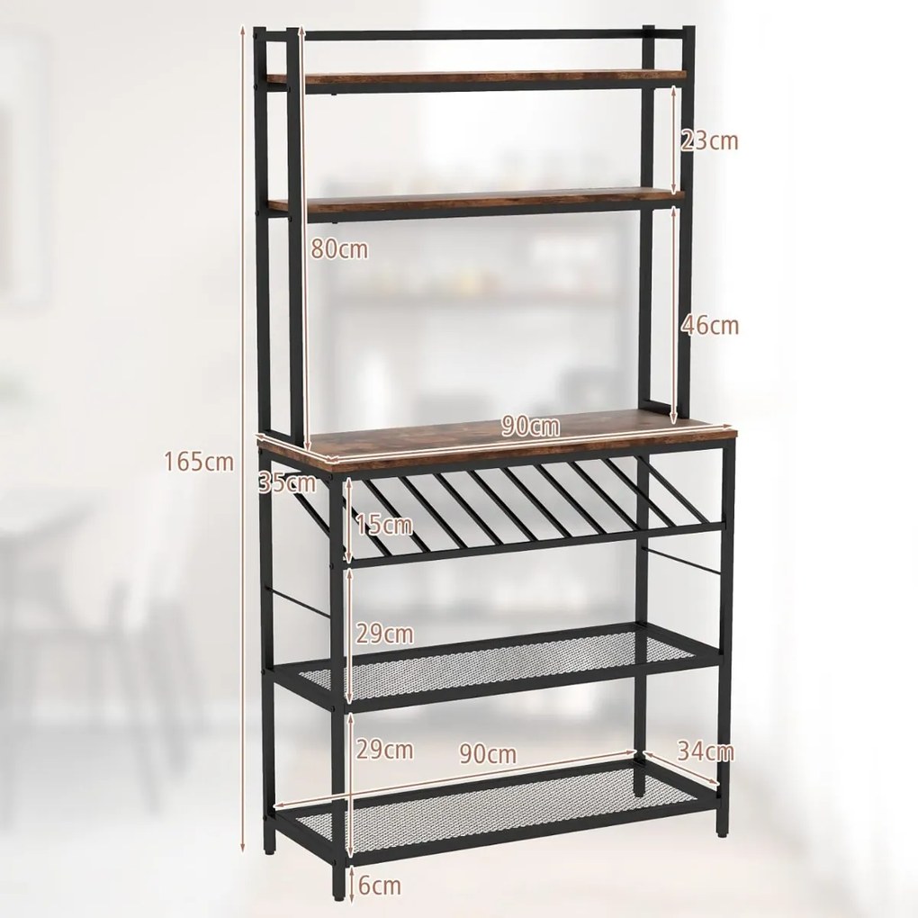 Estante de cozinha com 6 níveis, 6 prateleiras, 6 ganchos, suporte inclinado para garrafas e 2 prateleiras de rede 90 x 35 x 165 cm Castanho rústico