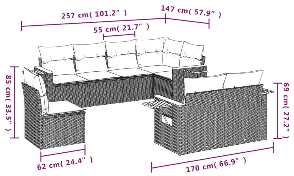 8 pcs conjunto sofás de jardim com almofadões vime PE preto