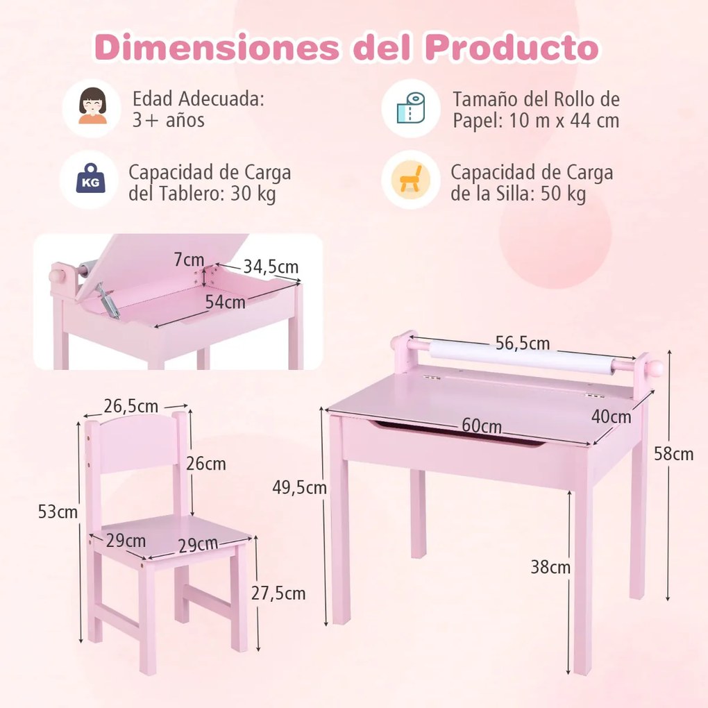 Conjunto de mesa e cadeira para crianças Mesa de actividades para crianças com arrumação e suporte para rolos de papel para desenhar, estudar e brinca