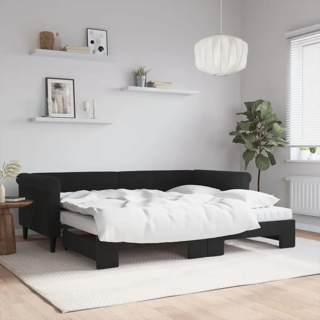 vidaXL Sofá-cama com gavetão e colchões 90x200 cm veludo preto